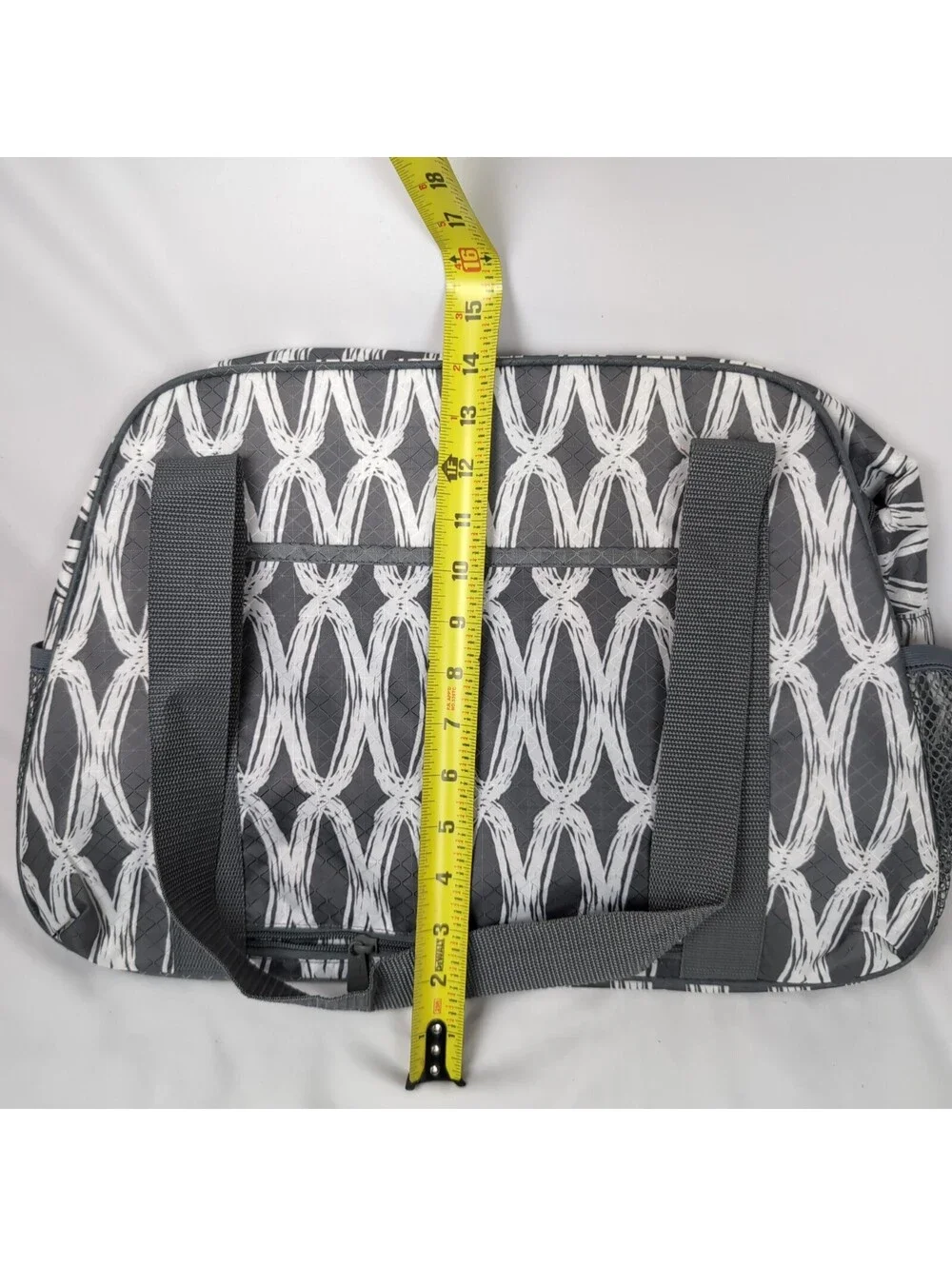 Thirty-One All-in-One Weekender Tote Bag Grey White Geometric Link Pattern New